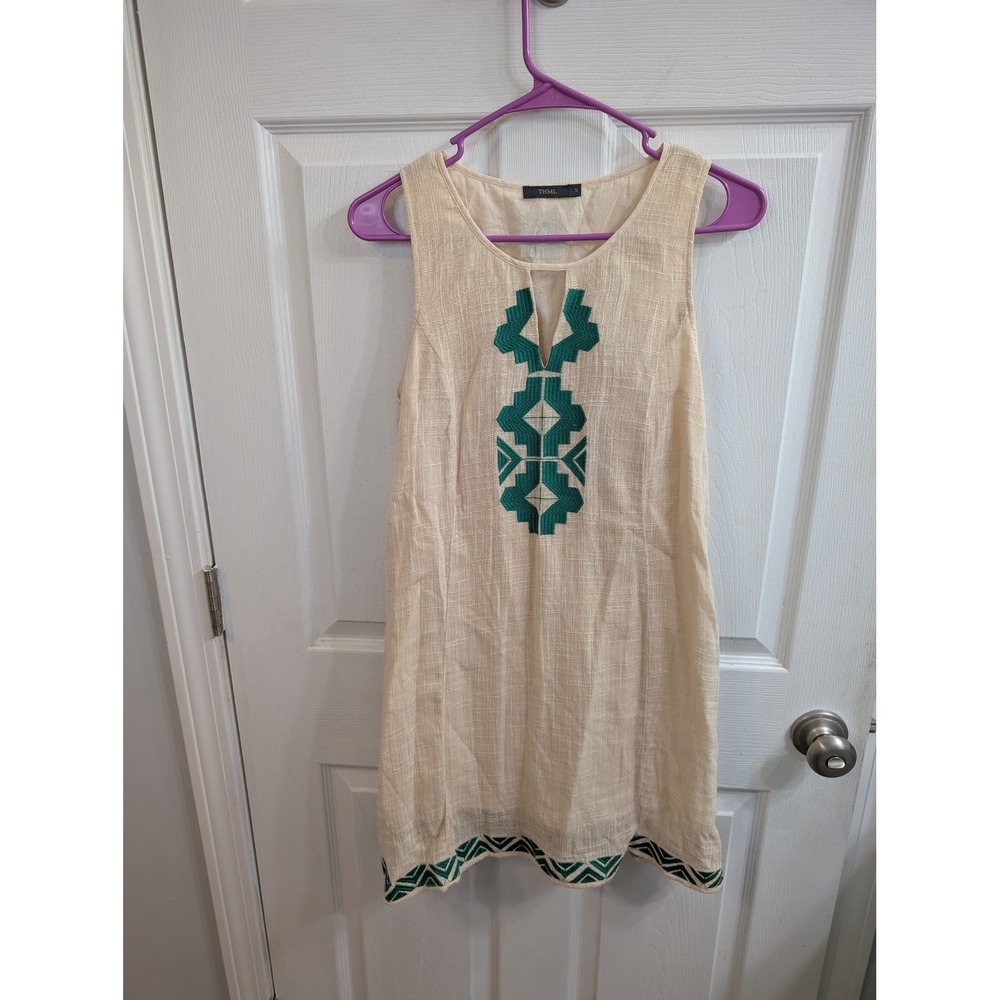 THML Embroidered Shift Dress Womens Cream Green Cotton Lined -‎ Size S
